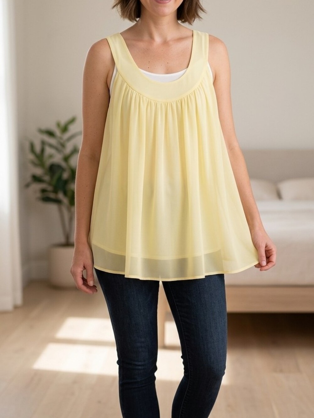 Essentials by M.A.S.C. Pale Yellow Pleated Chiffon Sleeveless Blouse - XL